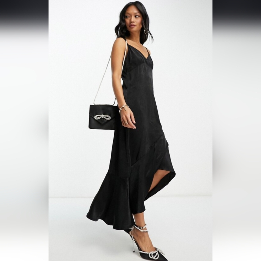 NWOT Vila satin flounce midi dress in black.